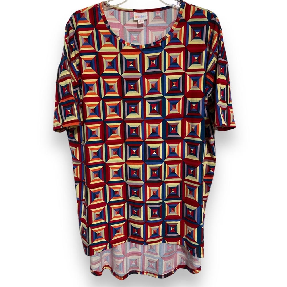 LULAROE Women’s Irma Print High Low Tunic Shirt Multicolor Symbols Sz S